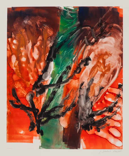 monotype titled - Black Trees by Red River, 2